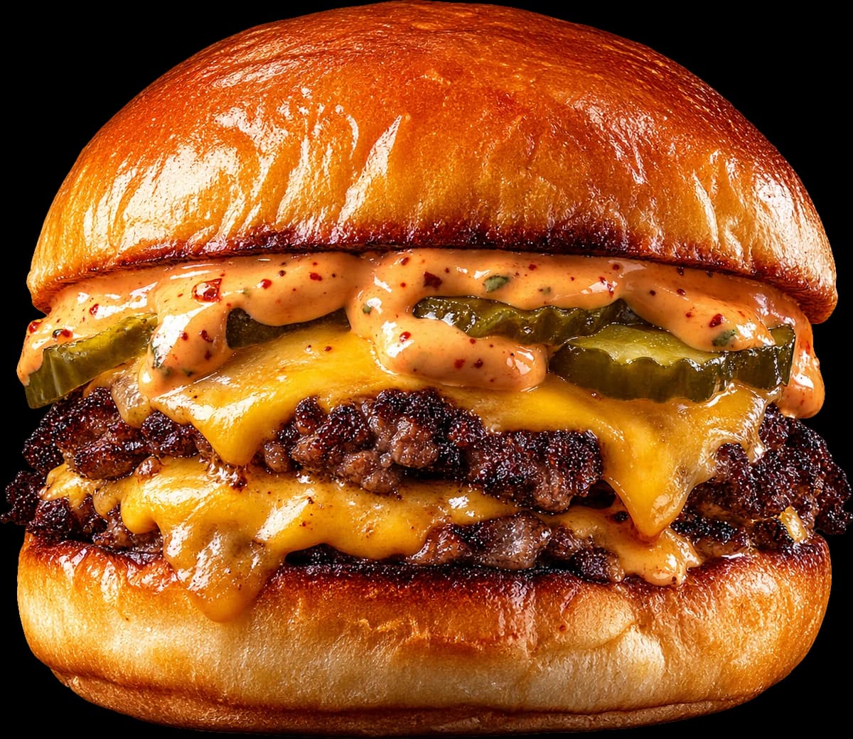 Glossy double smash cheeseburger with pickles