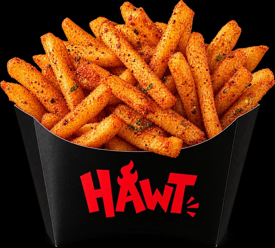 Spicy HAWT-seasoned fries in a HAWT box