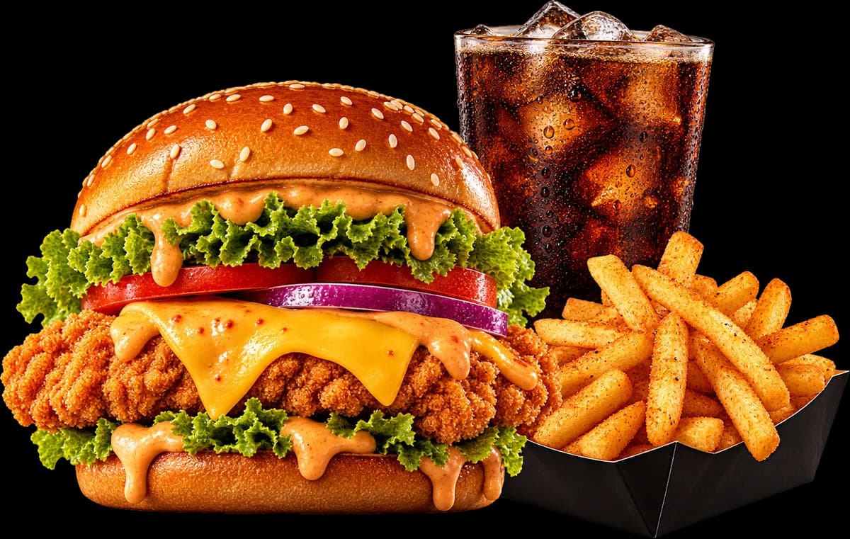 Crispy chicken burger with fries and a cold drink