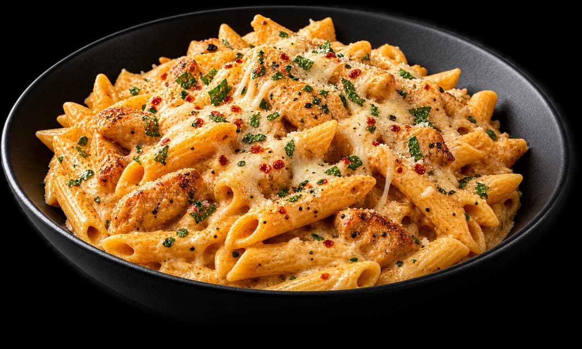 Creamy chicken penne in a black bowl