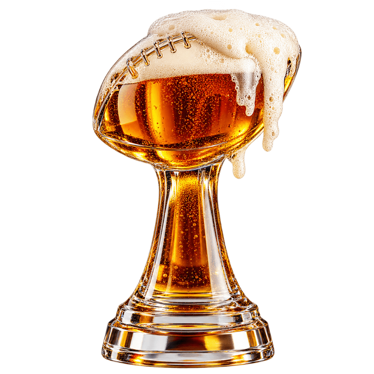 Smoky beer foaming over a football-shaped glass